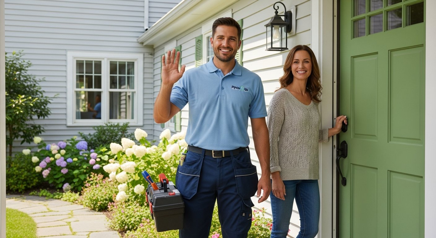 Friendly Wetherby Plumbing engineer being welcomed at a homeowner's front door in Yorkshire